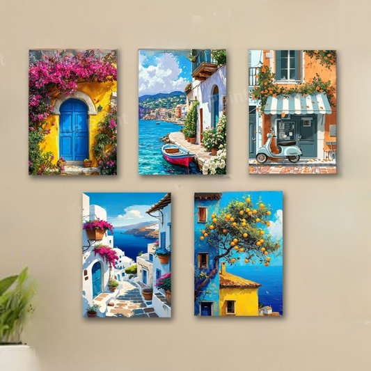 Set Of 5 Italian Mediterranean Vintage Homes Aesthetic Art Themed Wall Art Wooden Sticky Phototile Frames For Wall Home And Girls Room Decoration