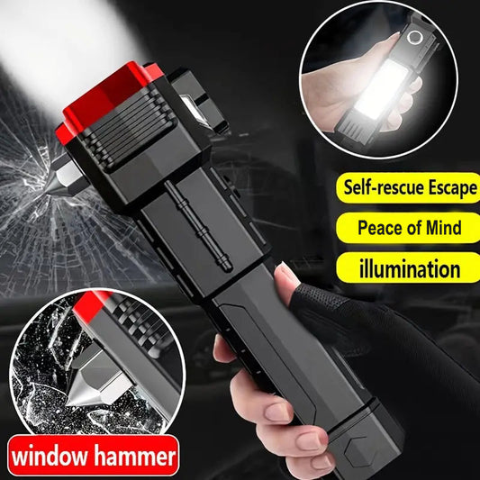 Side Flood Light Long Distance Beam Range Car Rescue Torch with Hammer Window Glass and Seat Belt Cutter