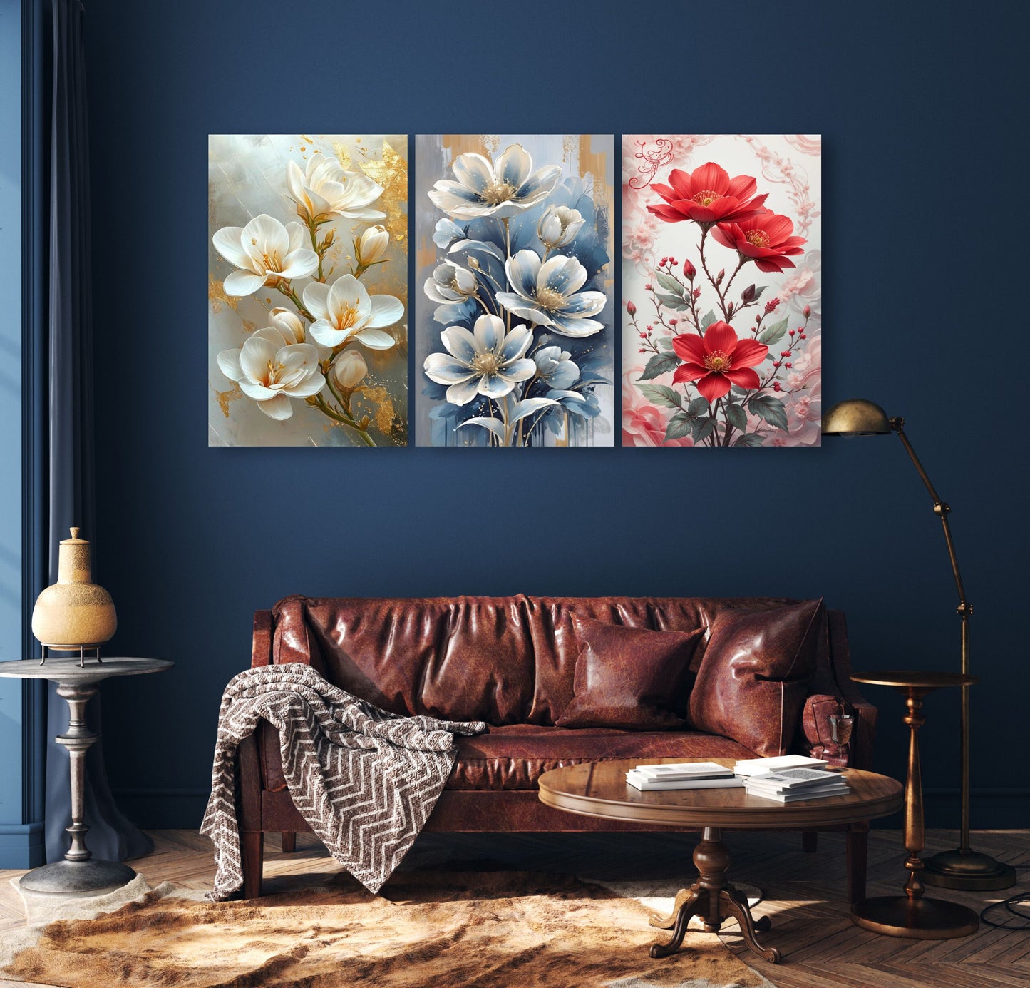 Set Of 3 Flowers Art Wooden Frames For Wall Decoration / Sticky Photo Tiles
