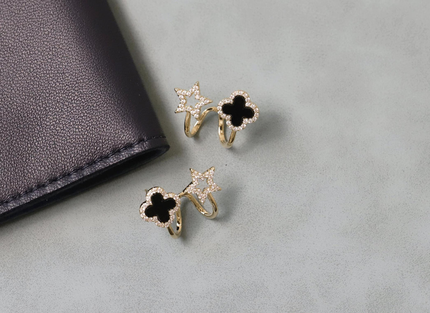 Gold Plated Stone Decor Star Four Leaf Clover Korean Earrings Black Cubic Zirconia Alloy Earring Set For Women