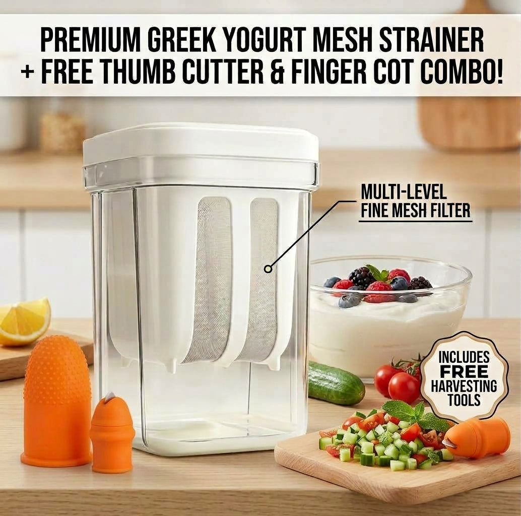 🥣 Premium Greek Yogurt Mesh Strainer + Free Thumb Cutter ✂️