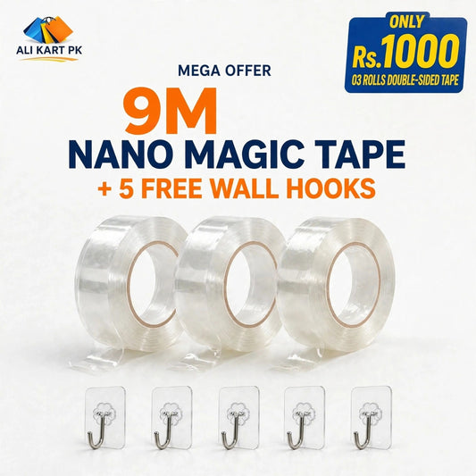 Nano Tape 9M – 3 Rolls (3M Each) + 5 Free Hooks | No Drill