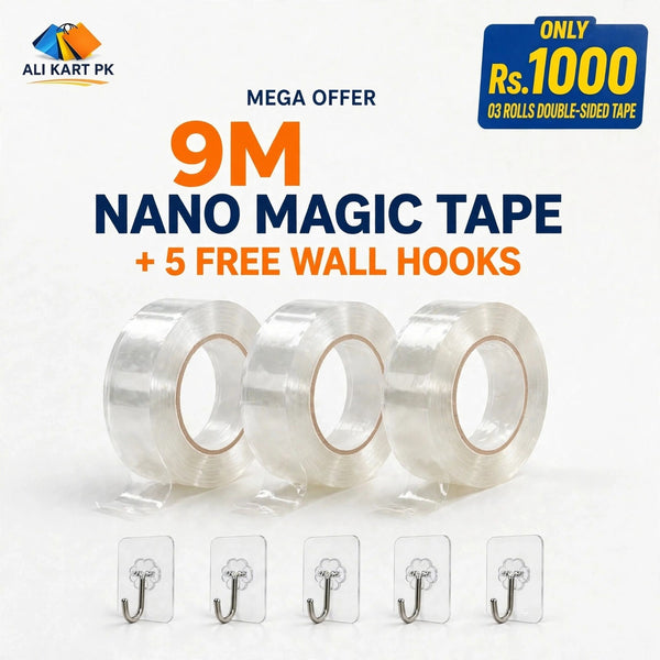 Nano Tape 9M – 3 Rolls (3M Each) + 5 Free Hooks | No Drill