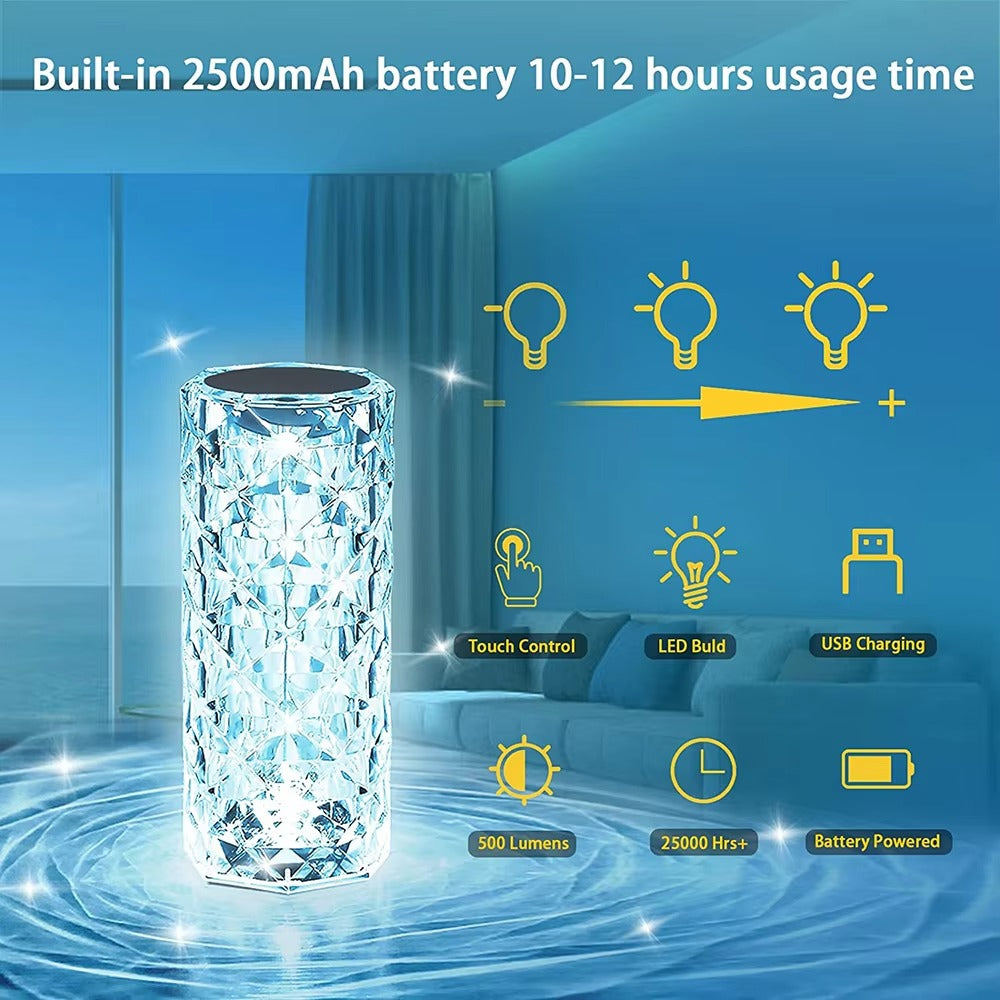 USB Rechargeable Crystal Rose Diamond Touch Lamp LED With RGB 16 Colors and Remote